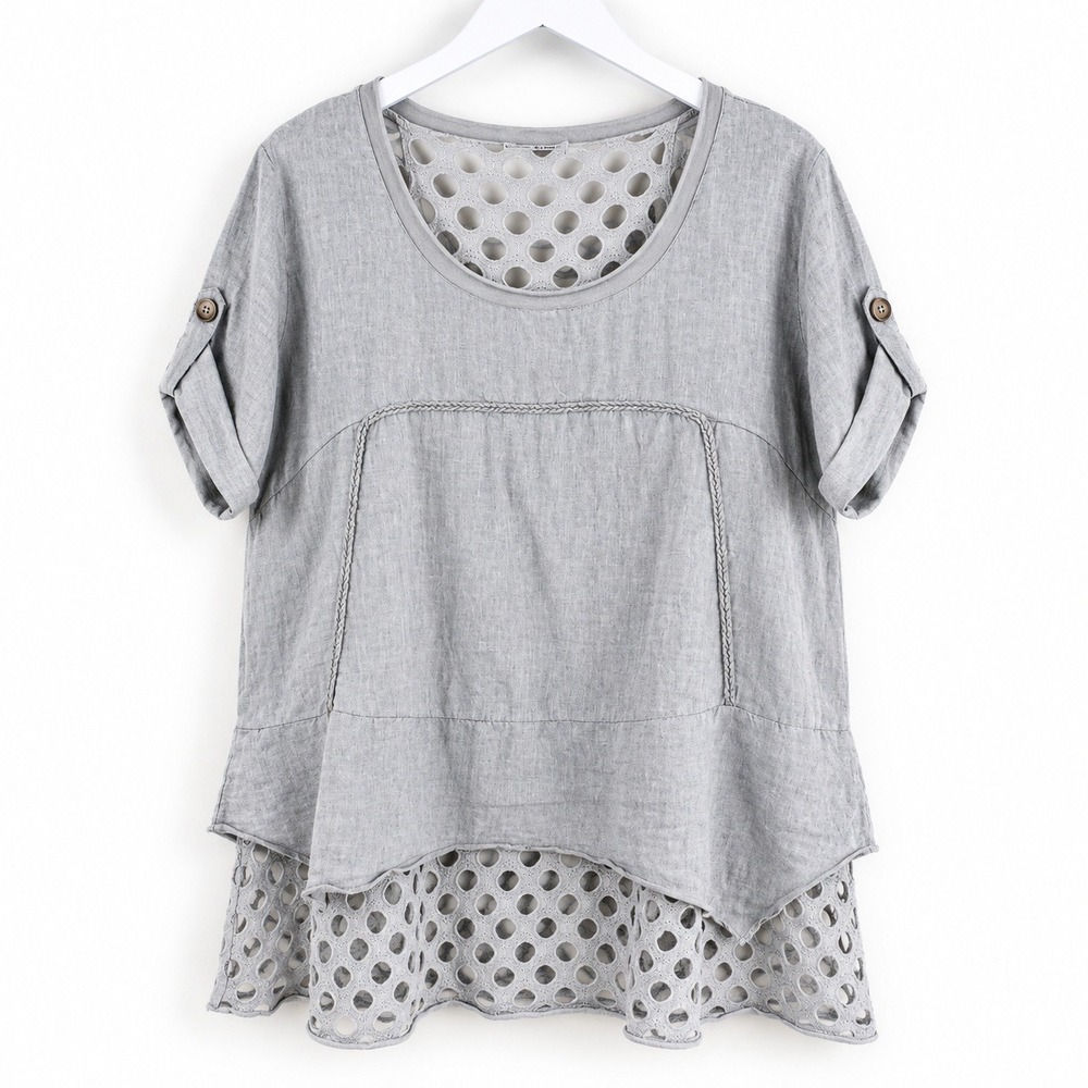 Made In Italy Linen Tunic Top Gray Lagenlook Mesh Crochet Cutout Hem OS Boutique